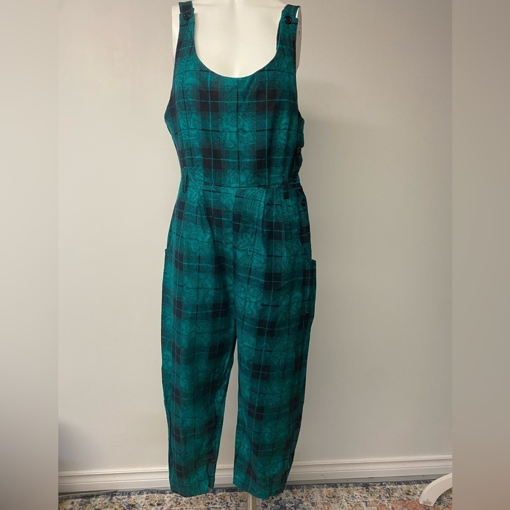 JONI BLAIR Vintage plaid romper black/teal size 7 Button side made in California